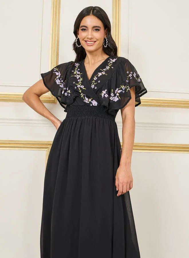 Styli Embroidered Cape Sleeves Aline Midi Dress
