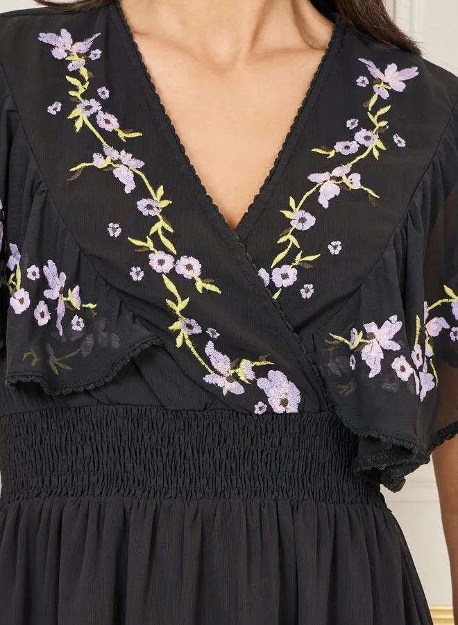 Styli Embroidered Cape Sleeves Aline Midi Dress