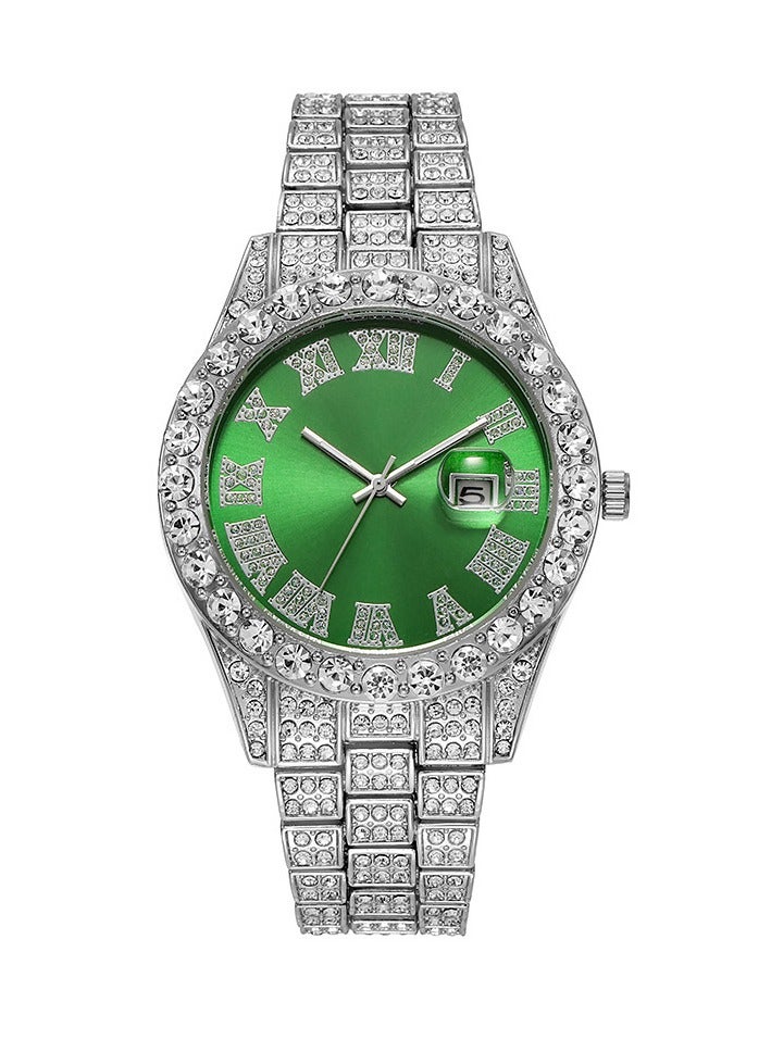 Hiphop style watch men's Roman scale diamond calendar men's quartz steel strap watch (silver)  - Image 1