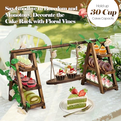NANXITU Wooden Cupcake Stand,3 Tier Cake Stands Party Food Display Serving Platter Tray Ladder Stand with Swing and Flower Decor,Rustic Dessert Table Display Set for Cake Fruit Donut Snack Cookie - Image 4