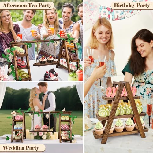 NANXITU Wooden Cupcake Stand,3 Tier Cake Stands Party Food Display Serving Platter Tray Ladder Stand with Swing and Flower Decor,Rustic Dessert Table Display Set for Cake Fruit Donut Snack Cookie - Image 5