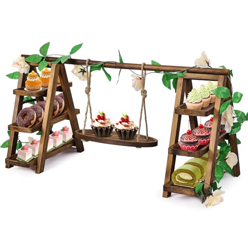 NANXITU Wooden Cupcake Stand,3 Tier Cake Stands Party Food Display Serving Platter Tray Ladder Stand with Swing and Flower Decor,Rustic Dessert Table Display Set for Cake Fruit Donut Snack Cookie - Image 1