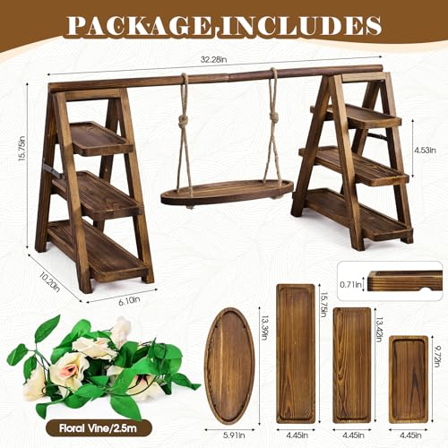NANXITU Wooden Cupcake Stand,3 Tier Cake Stands Party Food Display Serving Platter Tray Ladder Stand with Swing and Flower Decor,Rustic Dessert Table Display Set for Cake Fruit Donut Snack Cookie - Image 3