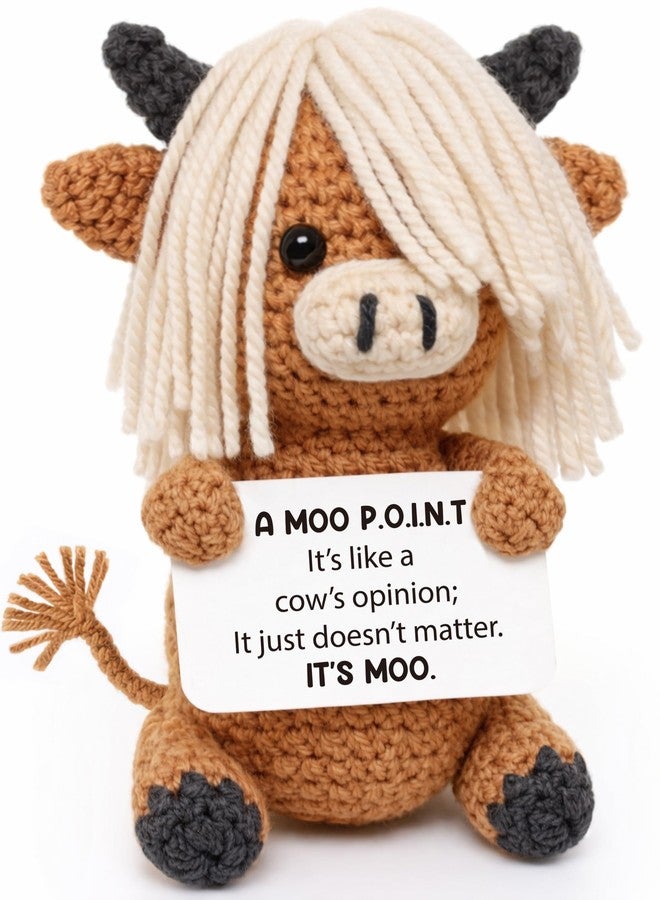 Frabaca Sarcastic Highland Cow Crochet Decor – “A Moo Point” Funny Desk Decor Gift for Coworkers Friends – Handmade Office Desk Accessory, White Elephant Birthday Gift - Image 1