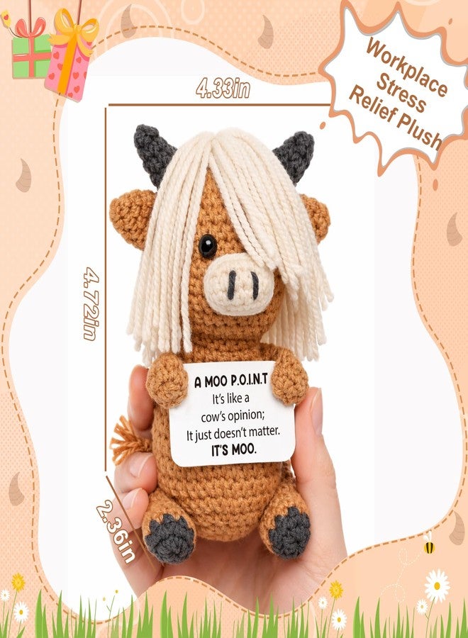 Frabaca Sarcastic Highland Cow Crochet Decor – “A Moo Point” Funny Desk Decor Gift for Coworkers Friends – Handmade Office Desk Accessory, White Elephant Birthday Gift - Image 4