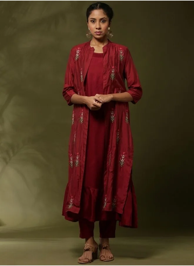 أبهشتي solid 3pc kurta set with embroidered jacket-maroon