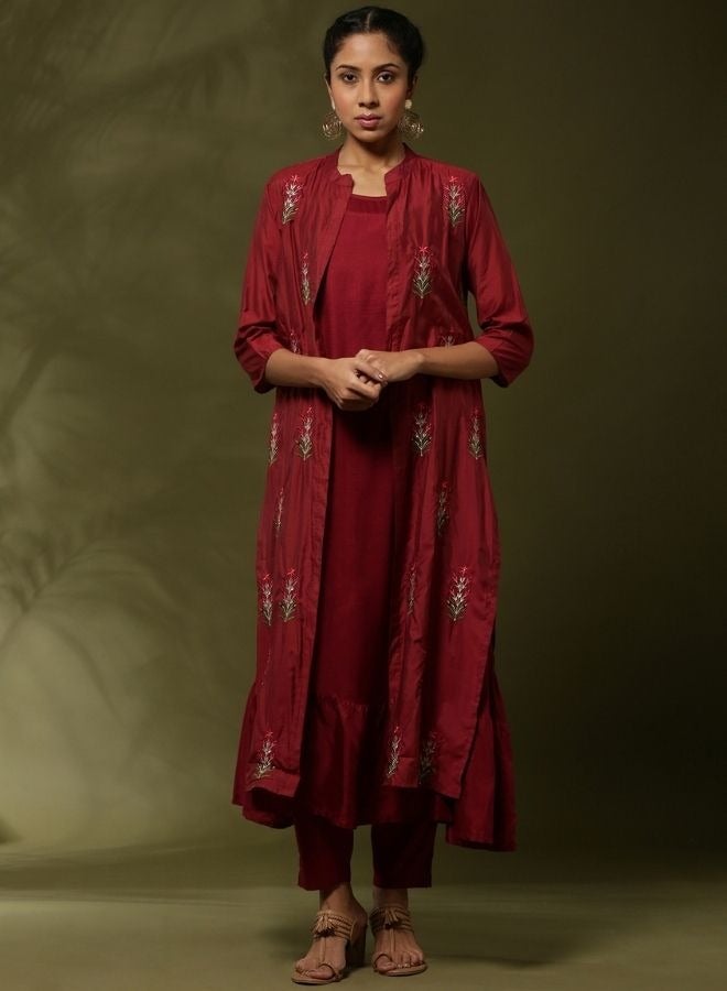 Abhishti solid 3pc kurta set with embroidered jacket-maroon  - Image 1