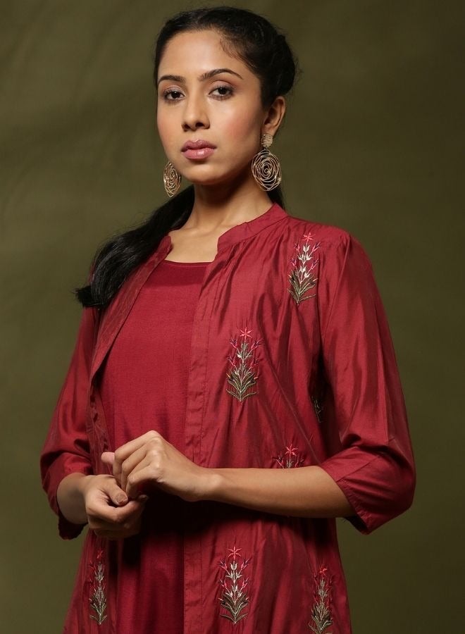 Abhishti solid 3pc kurta set with embroidered jacket-maroon  - Image 2