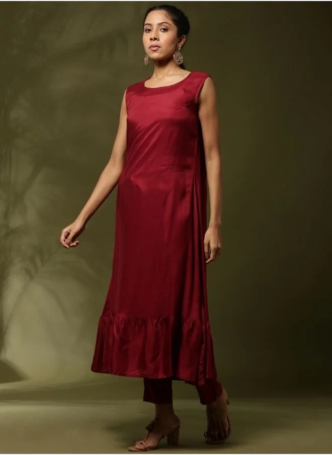 أبهشتي solid 3pc kurta set with embroidered jacket-maroon