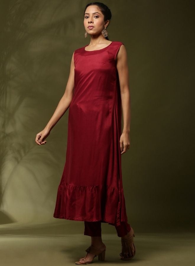 Abhishti solid 3pc kurta set with embroidered jacket-maroon  - Image 3