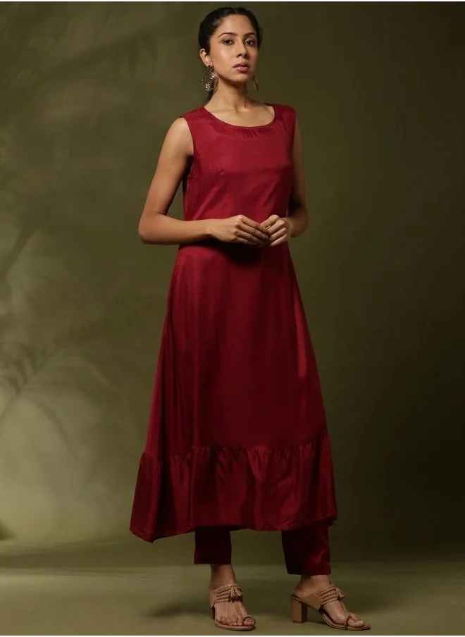 أبهشتي solid 3pc kurta set with embroidered jacket-maroon