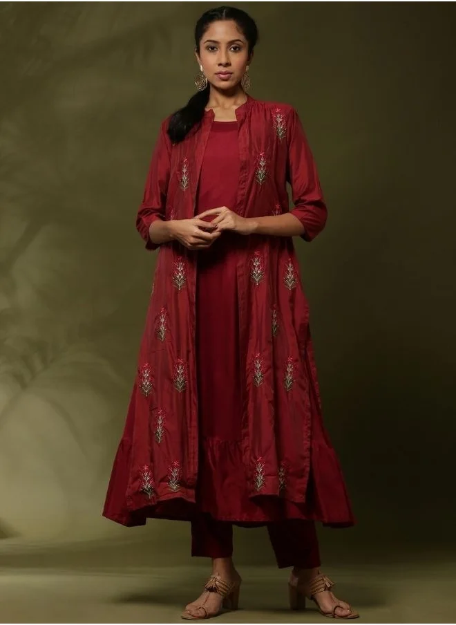 أبهشتي solid 3pc kurta set with embroidered jacket-maroon