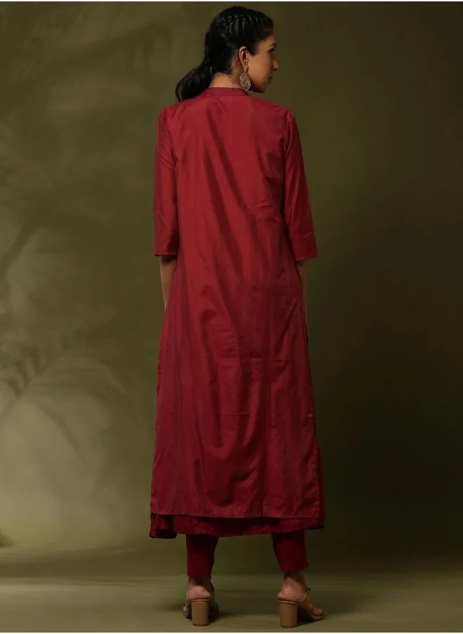 أبهشتي solid 3pc kurta set with embroidered jacket-maroon