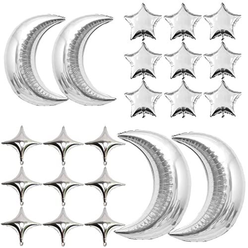 SONICEBUY 54Pcs Star Foil Balloons Moon Foil Mylar Balloons with 50Pcs Silver Star Balloons and 4Pcs Large Moon Foil Balloons for Baby Shower Christmas Anniversary Engagement Wedding Birthday Party Decoration - Image 1