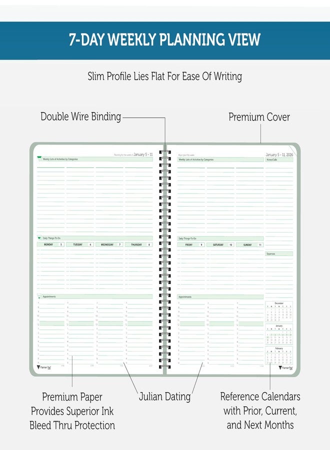 Planner Pad Spiral Bound January-December 2026/ Calendar Year 8 1/2" x 11" Large 3-Tier Funnel Down 12 Month Organizer, Greenish Grey Cover/Soft Green Ink - Image 3
