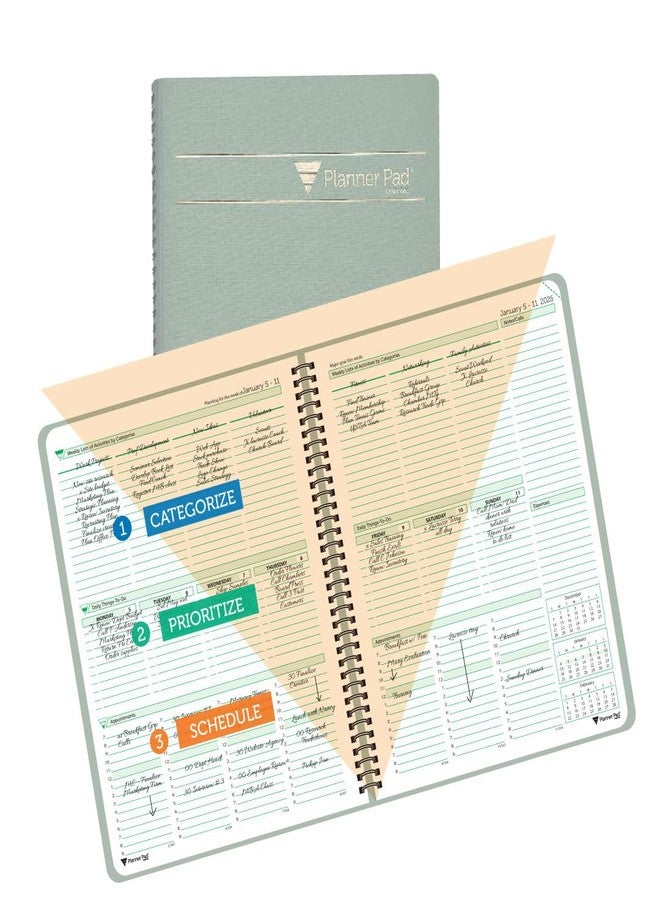 Planner Pad Spiral Bound January-December 2026/ Calendar Year 8 1/2" x 11" Large 3-Tier Funnel Down 12 Month Organizer, Greenish Grey Cover/Soft Green Ink - Image 1