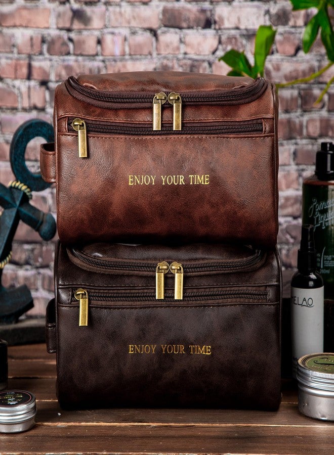 Flycalf Mens Toiletry Travel Bag Groomsmen Father Dad Leather Toiletries Grooming Bag for Men Shaving Bag Hanging Water Resistant Organizer (Brown- Enjoy Your Time) - Image 5
