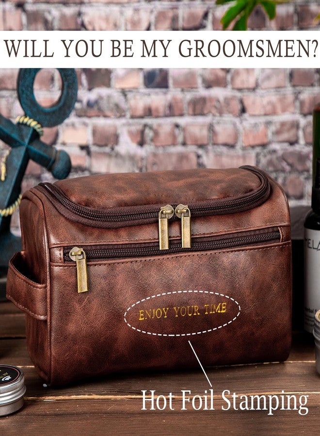Flycalf Mens Toiletry Travel Bag Groomsmen Father Dad Leather Toiletries Grooming Bag for Men Shaving Bag Hanging Water Resistant Organizer (Brown- Enjoy Your Time) - Image 2