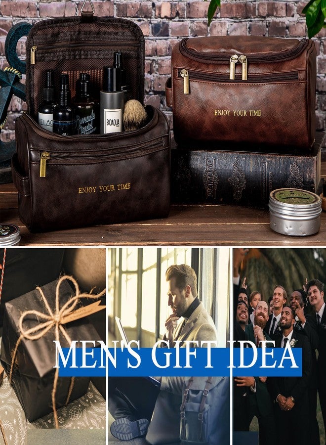 Flycalf Mens Toiletry Travel Bag Groomsmen Father Dad Leather Toiletries Grooming Bag for Men Shaving Bag Hanging Water Resistant Organizer (Brown- Enjoy Your Time) - Image 3