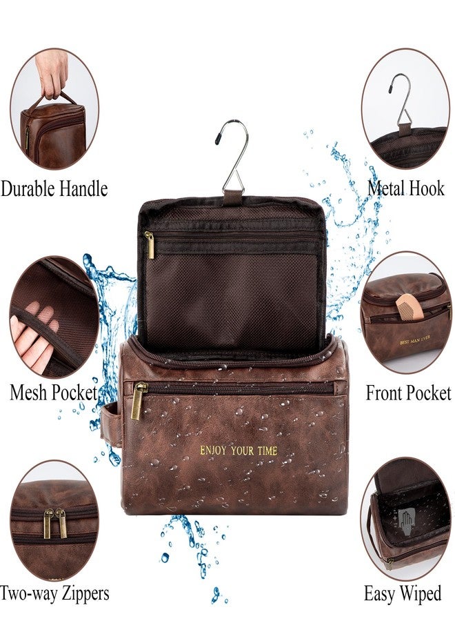 Flycalf Mens Toiletry Travel Bag Groomsmen Father Dad Leather Toiletries Grooming Bag for Men Shaving Bag Hanging Water Resistant Organizer (Brown- Enjoy Your Time) - Image 4