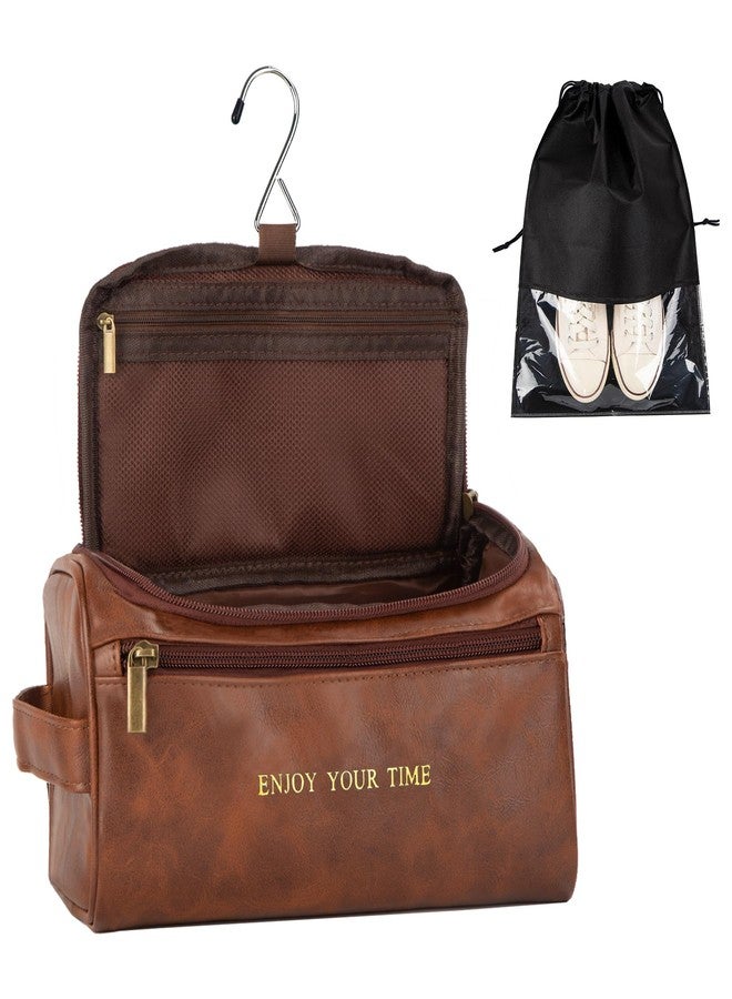 Flycalf Mens Toiletry Travel Bag Groomsmen Father Dad Leather Toiletries Grooming Bag for Men Shaving Bag Hanging Water Resistant Organizer (Brown- Enjoy Your Time) - Image 1