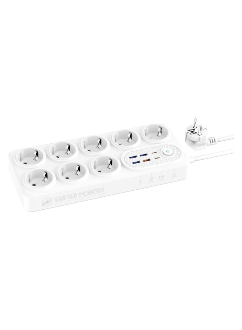 Moxom MX-ST22 14 IN 1 Power Strip With 2 PD/QC, 8 Socket And 3 USB For Multi Devices 2 Meter 2500 W - White - Image 1
