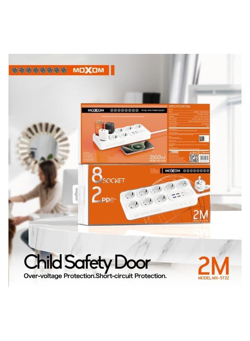 Moxom MX-ST22 14 IN 1 Power Strip With 2 PD/QC, 8 Socket And 3 USB For Multi Devices 2 Meter 2500 W - White - Image 3