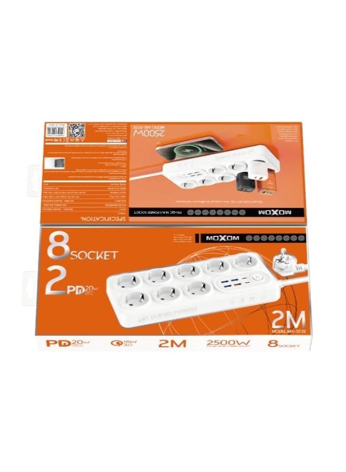 Moxom MX-ST22 14 IN 1 Power Strip With 2 PD/QC, 8 Socket And 3 USB For Multi Devices 2 Meter 2500 W - White - Image 4