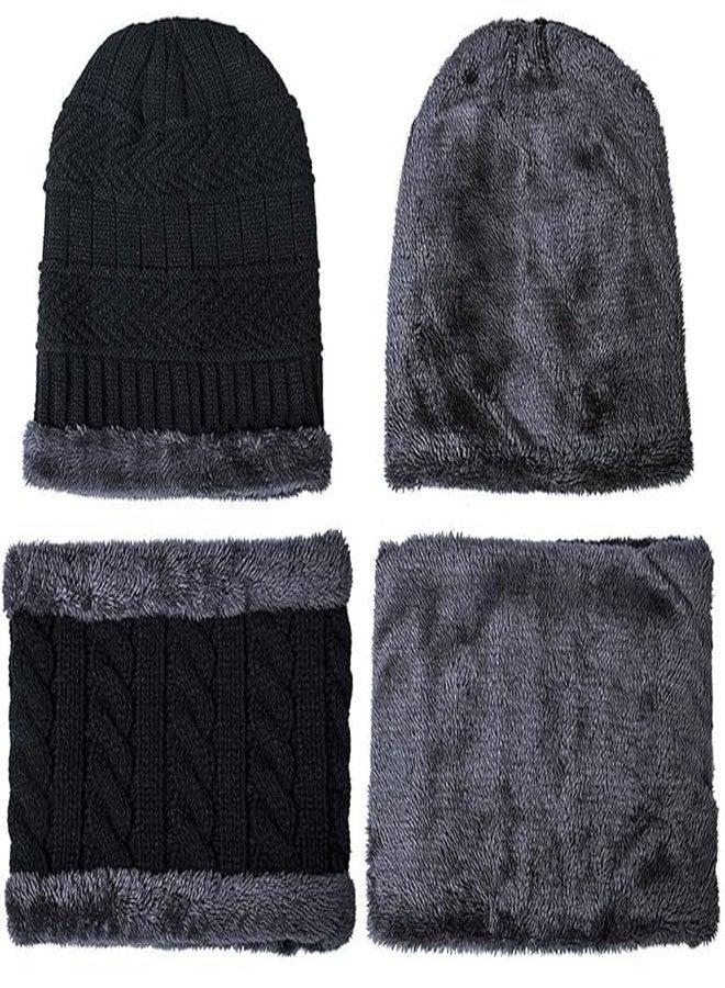 Beanie Cap Neckwarmer Winter Combo for Men Women Skull Slouchy Winter Woolen Knitted Inside Fur Mens Woollen Caps Muffler Scarf Set-Black - Image 2