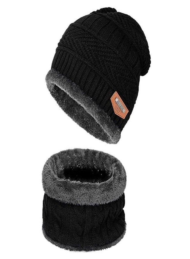 Beanie Cap Neckwarmer Winter Combo for Men Women Skull Slouchy Winter Woolen Knitted Inside Fur Mens Woollen Caps Muffler Scarf Set-Black - Image 1