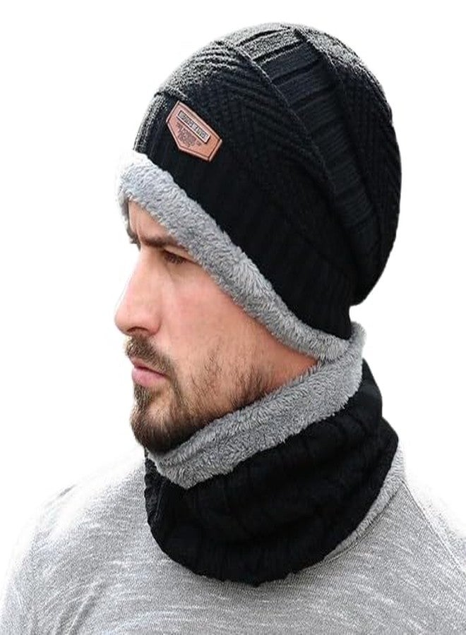 Beanie Cap Neckwarmer Winter Combo for Men Women Skull Slouchy Winter Woolen Knitted Inside Fur Mens Woollen Caps Muffler Scarf Set-Black - Image 3