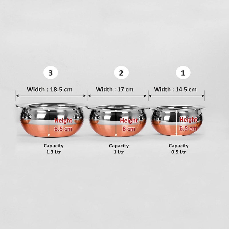 PUHBRHY Stainless Steel Copper Bottom Stove Cooking Serving Pot Handi 3 Pcs Set - Image 2