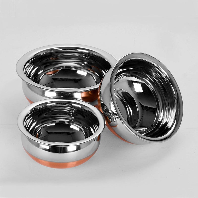 PUHBRHY Stainless Steel Copper Bottom Stove Cooking Serving Pot Handi 3 Pcs Set - Image 1