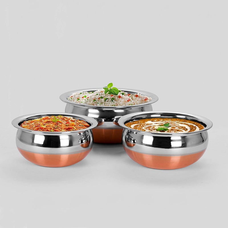 PUHBRHY Stainless Steel Copper Bottom Stove Cooking Serving Pot Handi 3 Pcs Set - Image 4