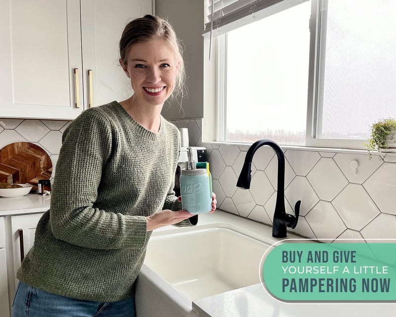 Comfify موزع صابون مطبخ جرة ميسون من كومفي - حامل إسفنجة - منظم حوض - موزع صابون سائل بسعة 14 أونصة مع مضخة من الفولاذ المقاوم للصدأ، حامل صابون سيراميك أزرق مع إسفنجة مجانية - Image 4