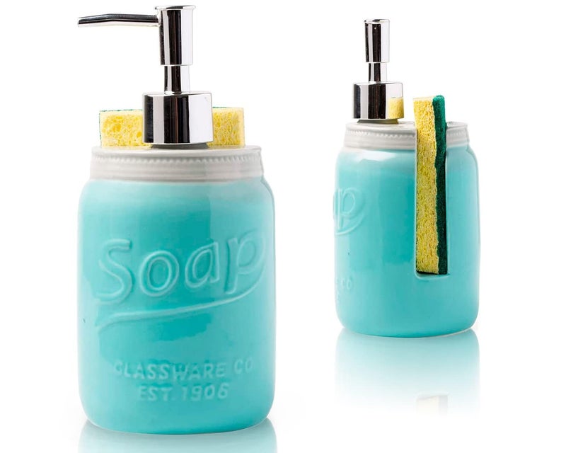 Comfify موزع صابون مطبخ جرة ميسون من كومفي - حامل إسفنجة - منظم حوض - موزع صابون سائل بسعة 14 أونصة مع مضخة من الفولاذ المقاوم للصدأ، حامل صابون سيراميك أزرق مع إسفنجة مجانية - Image 1