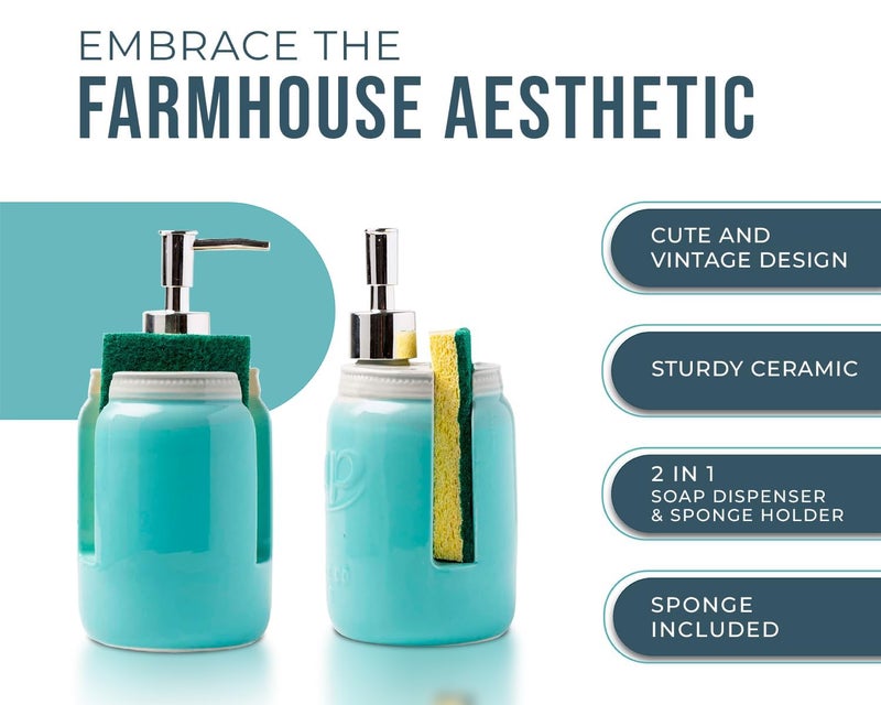 Comfify موزع صابون مطبخ جرة ميسون من كومفي - حامل إسفنجة - منظم حوض - موزع صابون سائل بسعة 14 أونصة مع مضخة من الفولاذ المقاوم للصدأ، حامل صابون سيراميك أزرق مع إسفنجة مجانية - Image 2