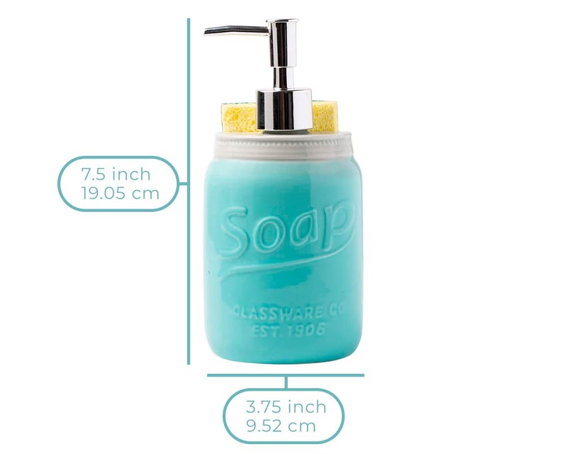 Comfify موزع صابون مطبخ جرة ميسون من كومفي - حامل إسفنجة - منظم حوض - موزع صابون سائل بسعة 14 أونصة مع مضخة من الفولاذ المقاوم للصدأ، حامل صابون سيراميك أزرق مع إسفنجة مجانية - Image 3