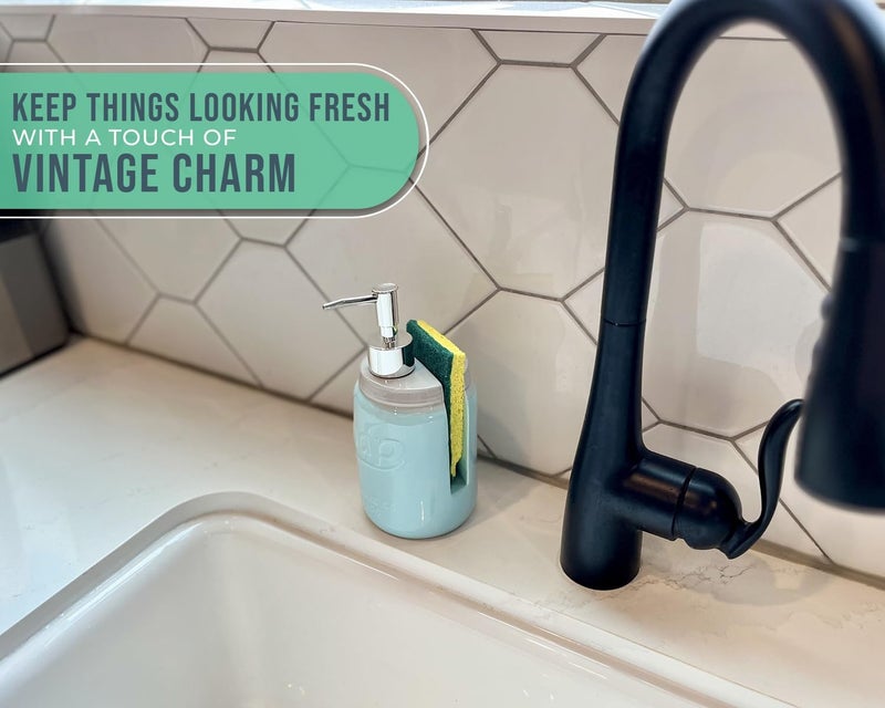 Comfify موزع صابون مطبخ جرة ميسون من كومفي - حامل إسفنجة - منظم حوض - موزع صابون سائل بسعة 14 أونصة مع مضخة من الفولاذ المقاوم للصدأ، حامل صابون سيراميك أزرق مع إسفنجة مجانية - Image 5