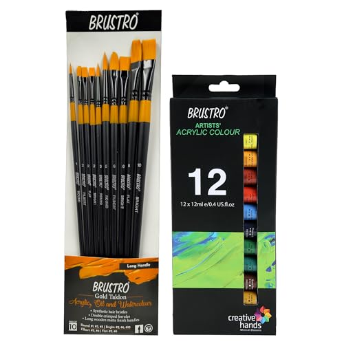 BRUSTRO Artist's Acrylic Colour | Set of 12 Colours X 12ml Tubes with Artists Gold TAKLON Brushes - Set of 10 | Ideal for Non-Craking Paint for Canvas, Wood,Leather,Portrait - Image 1