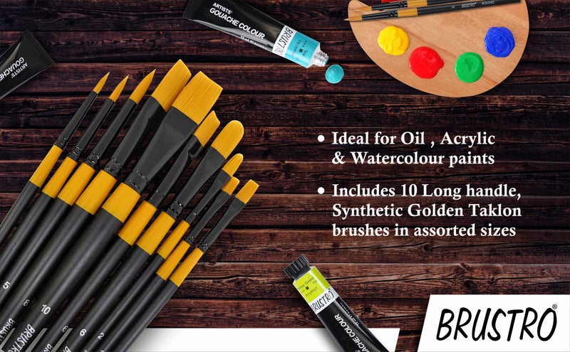 BRUSTRO Artist's Acrylic Colour | Set of 12 Colours X 12ml Tubes with Artists Gold TAKLON Brushes - Set of 10 | Ideal for Non-Craking Paint for Canvas, Wood,Leather,Portrait - Image 4