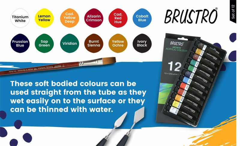BRUSTRO Artist's Acrylic Colour | Set of 12 Colours X 12ml Tubes with Artists Gold TAKLON Brushes - Set of 10 | Ideal for Non-Craking Paint for Canvas, Wood,Leather,Portrait - Image 2