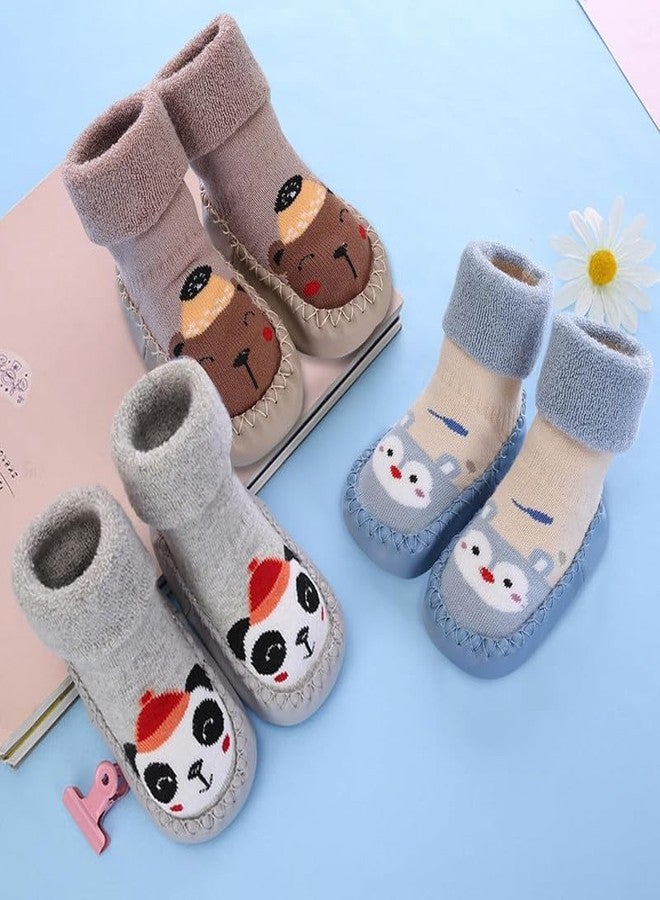 CHACKO 3 Pairs Non-Slip Floor Socks Boys Girls Cotton First Walking Shoes Medium Autumn Winter Cartoon Crawling 0-3 Years_Multicolor1,0-6 Months - Image 2