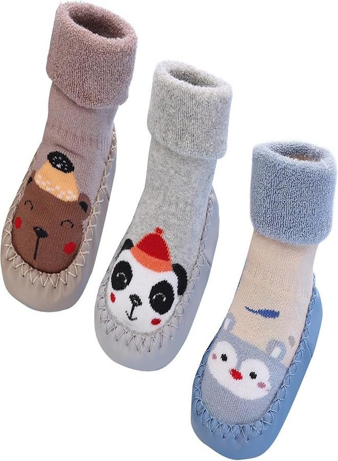 CHACKO 3 Pairs Non-Slip Floor Socks Boys Girls Cotton First Walking Shoes Medium Autumn Winter Cartoon Crawling 0-3 Years_Multicolor1,0-6 Months - Image 1
