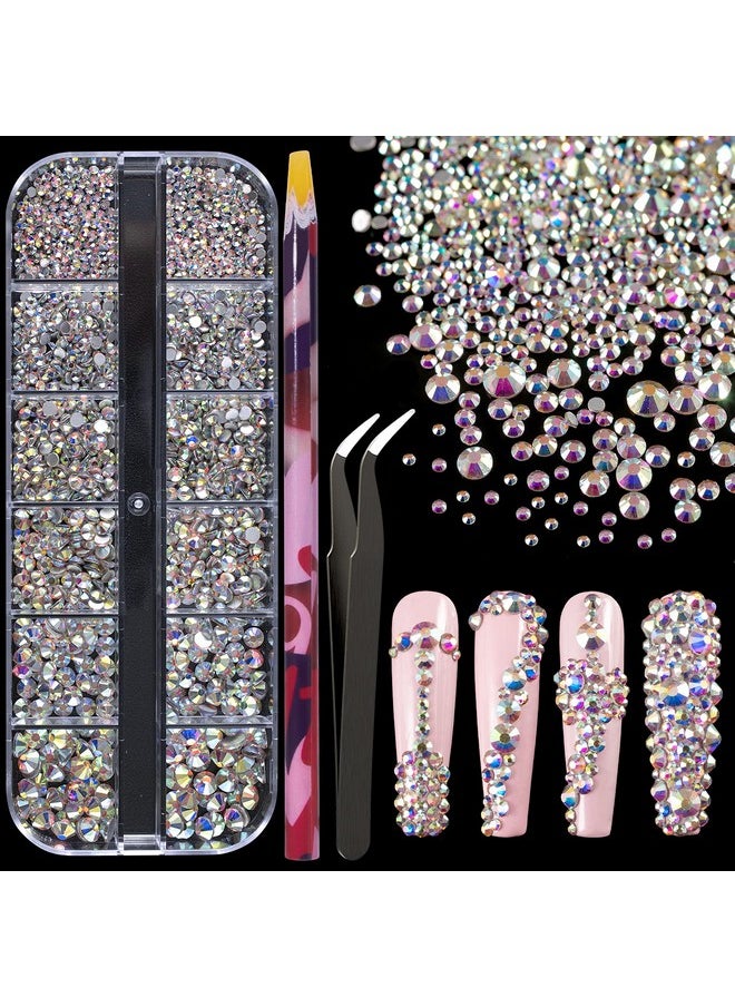 BELLEBOOST 6 Sizes Ab Glass Crystal Kit With Pickup Pen + Tweezer Tools For Iridescent Shine Nail Art Manicure Makeup Diy Decoration Flatback Round Swarovski Bead Rhinestone Gem Jewelry Diamond  - Image 1