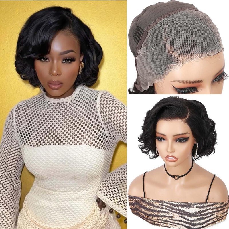WIGER Short Curly 13X4 Lace Frontal Human Hair Wigs Pre Plucked Glueless Black Curly Bob Lace Front Wig for Women Pre Cut Loose Wave Full Lace Wigs Water Wave Human Hair Wig