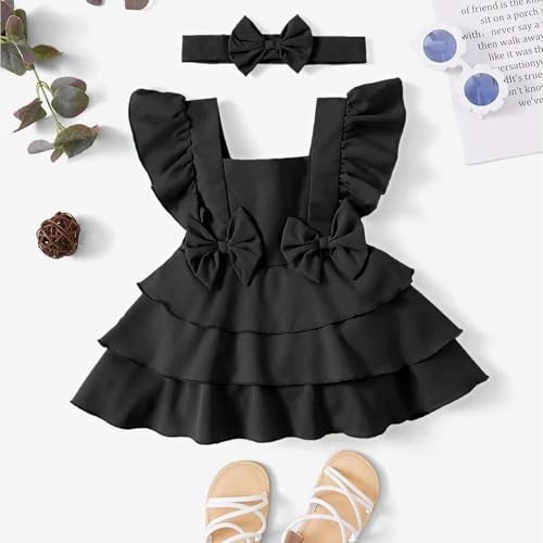 LYTIX Baby Bow Front Square Neck Layered Hem Bodysuit Dress for Girls | Ruffle Dress | Breathable Kids Frock | 100% Cotton | 3-6 Months | Regular | Black - Image 2