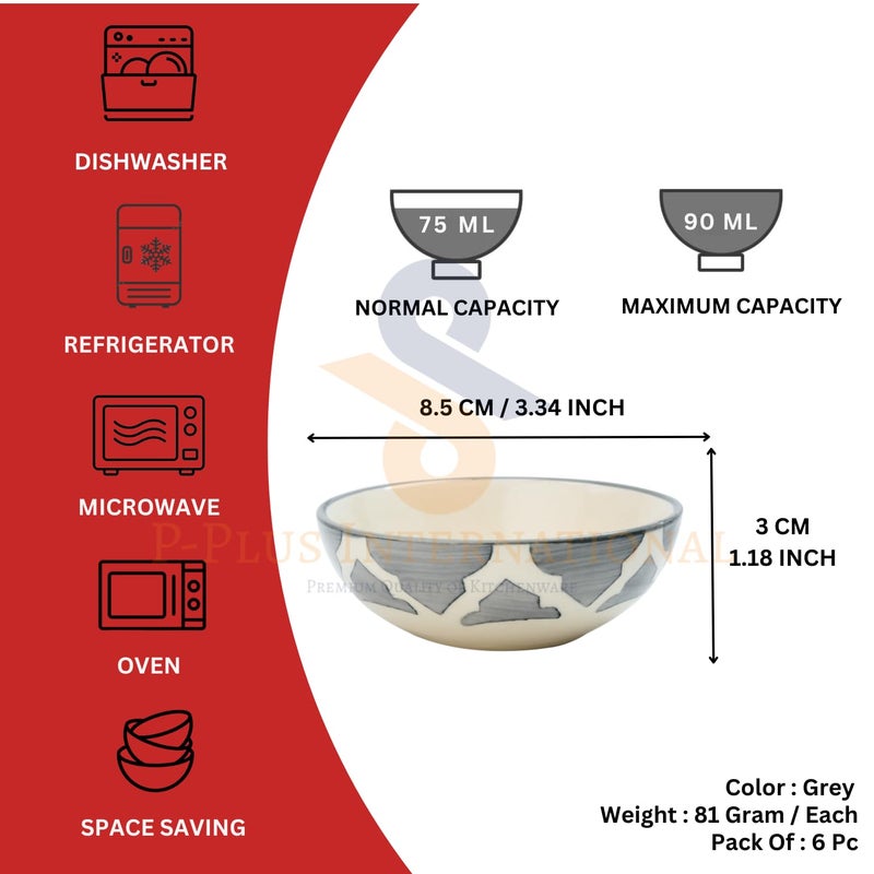 P-PLUS INTERNATIONAL Hand Painted Ceramic Rice Bowl | Soup Bowl | Pasta Bowl | 75 ML 8.5 CM | Fruit Bowl | Noodle Bowl | Snack Serving Bowl | Food Safe Material | Microwave Safe (Grey, Set of 6) - Image 2
