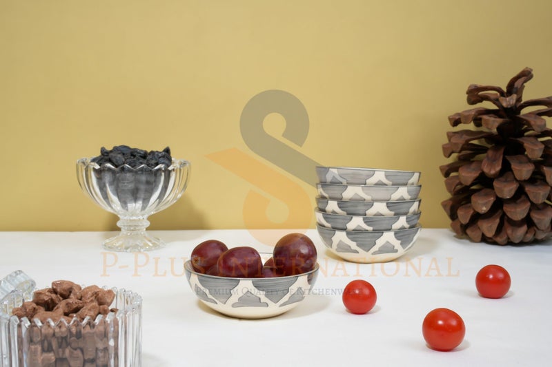 P-PLUS INTERNATIONAL Hand Painted Ceramic Rice Bowl | Soup Bowl | Pasta Bowl | 75 ML 8.5 CM | Fruit Bowl | Noodle Bowl | Snack Serving Bowl | Food Safe Material | Microwave Safe (Grey, Set of 6) - Image 5