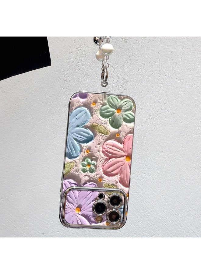 NIBEMINENT Electroplated Flowers Protective TPU Case Cover For iPhone 14 Pro, Flat Wax Crayon Flowers With Silver Heart Beads - Image 1